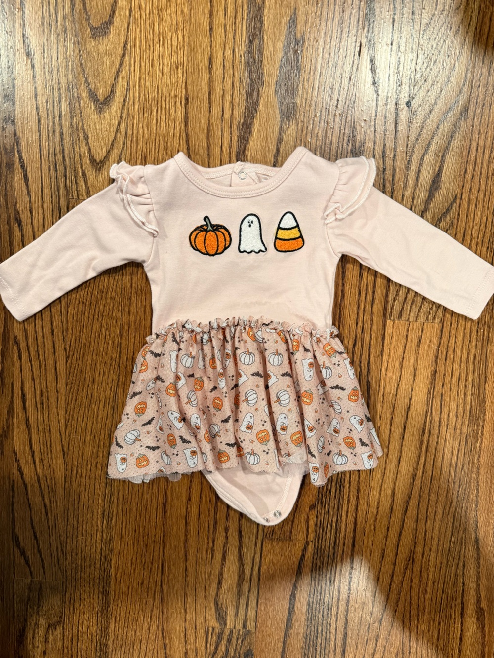 chick pea Light Pink Baby Dress with Pumpkin Embroidery and Sparkly Tulle Skirt